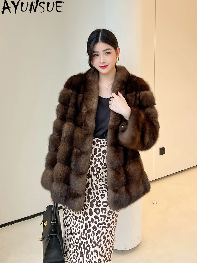 AYUNSUE 2025 vestes de fourrure de vison naturel femme col en v veste d'hiver de fourrure de vison de luxe pour femme vêtements de haute qualité tyleфта Ramonхом