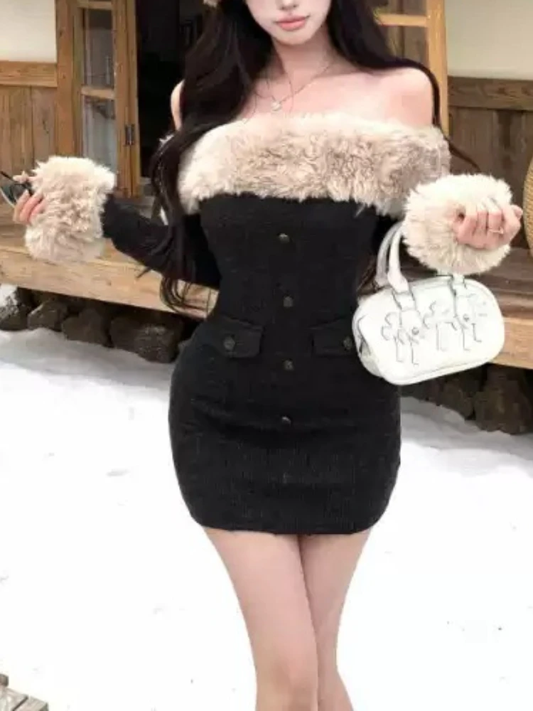 Abito francese elegante retrò sexy da donna con spalle scoperte e dettagli in pelliccia, mini abito aderente, abiti chic alla moda invernale per la festa notturna