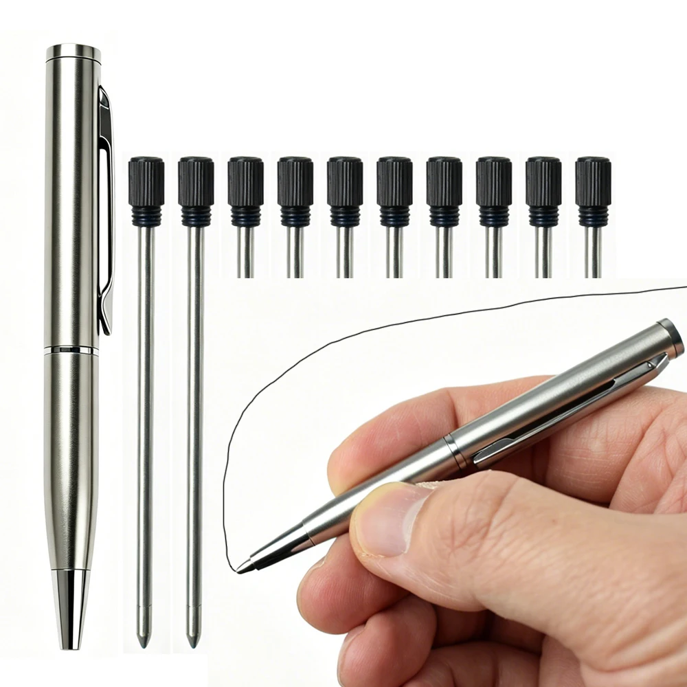 Portable Twist Tiny Ballpoint Pen Set Pocket-Sized Pen + 10 Black/Blue Ink Refills 0.7mm Point Metal Pocket Ballpen Travel Daily