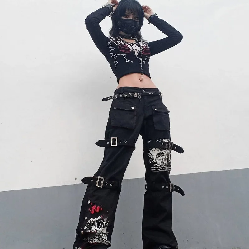 Pantalones vaqueros de cintura alta para mujer, ropa con hebilla de Metal, cinturón alargado, estilo oscuro, ropa de calle, Primavera, Y2K