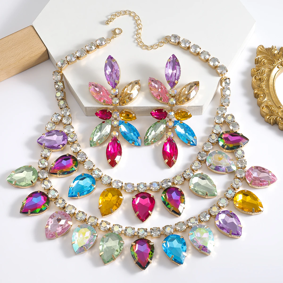 girlgo Luxury Necklace Earrings Sets Colorful Rhinestone Necklace Women\'s Wedding Bridal Jewelry Accessories