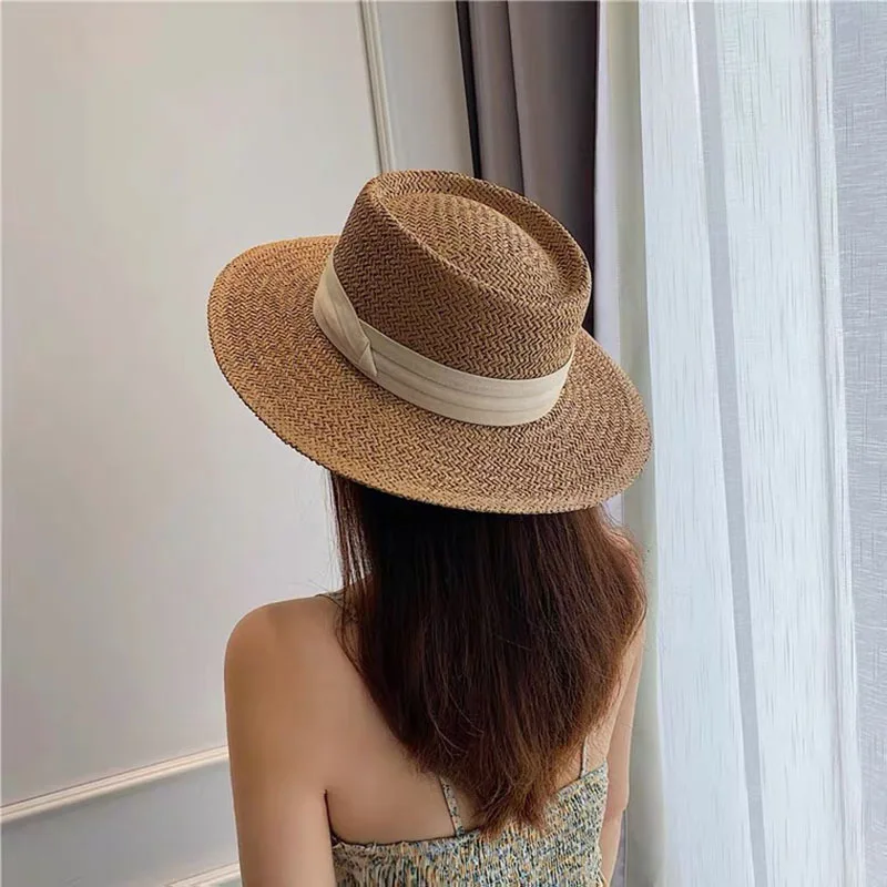 

Handwoven straw hat ladies summer sunshade beach hat British vintage flat top panama hat sun hats for women raffia hat MAXSITI U