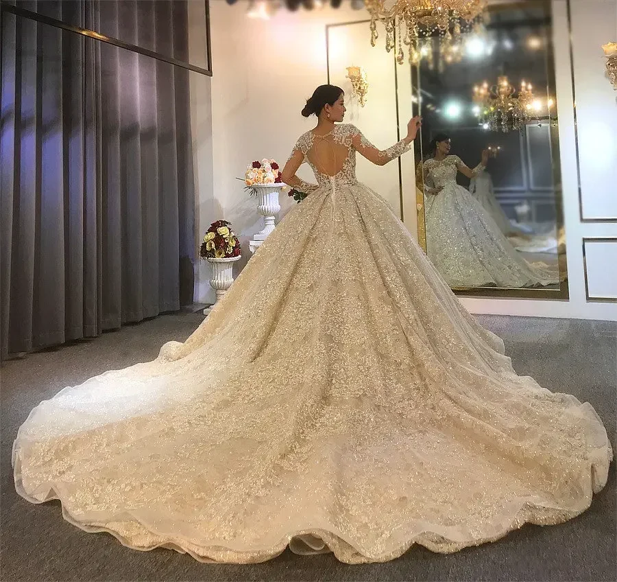 Robe de Mariée Personnalisée à Col Rond et Perles, Tenue à Manches sulf, Grande Taille, Dos Ouvert, pour Patients de Luxe