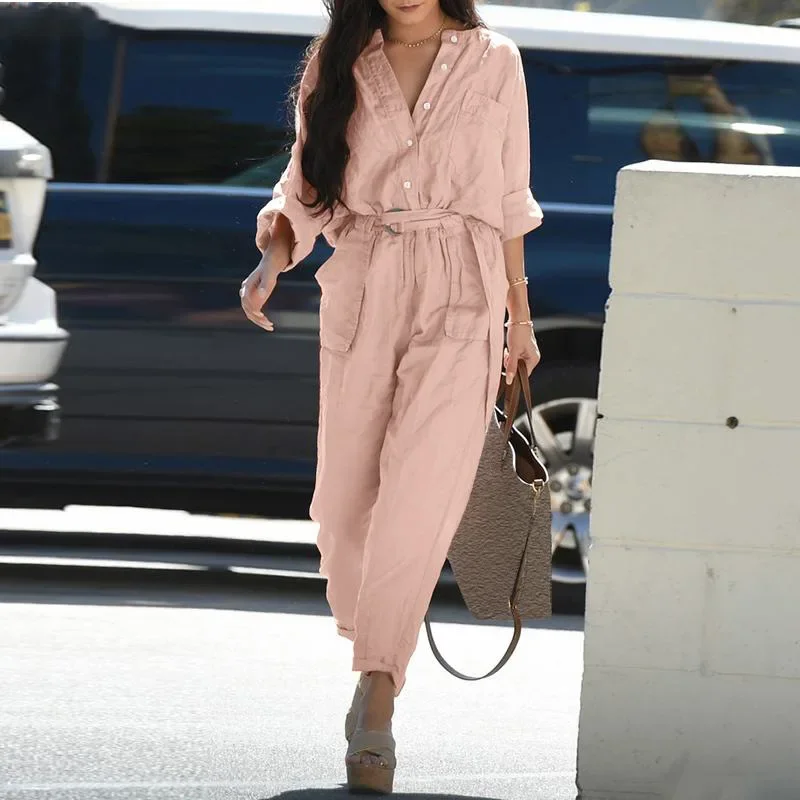 

Casual Overalls For Women Cotton linen Long Sleeve Button Belt Full Jumpsuit Autumn Elegant Workwear Woman One Pieces Jumpsuits