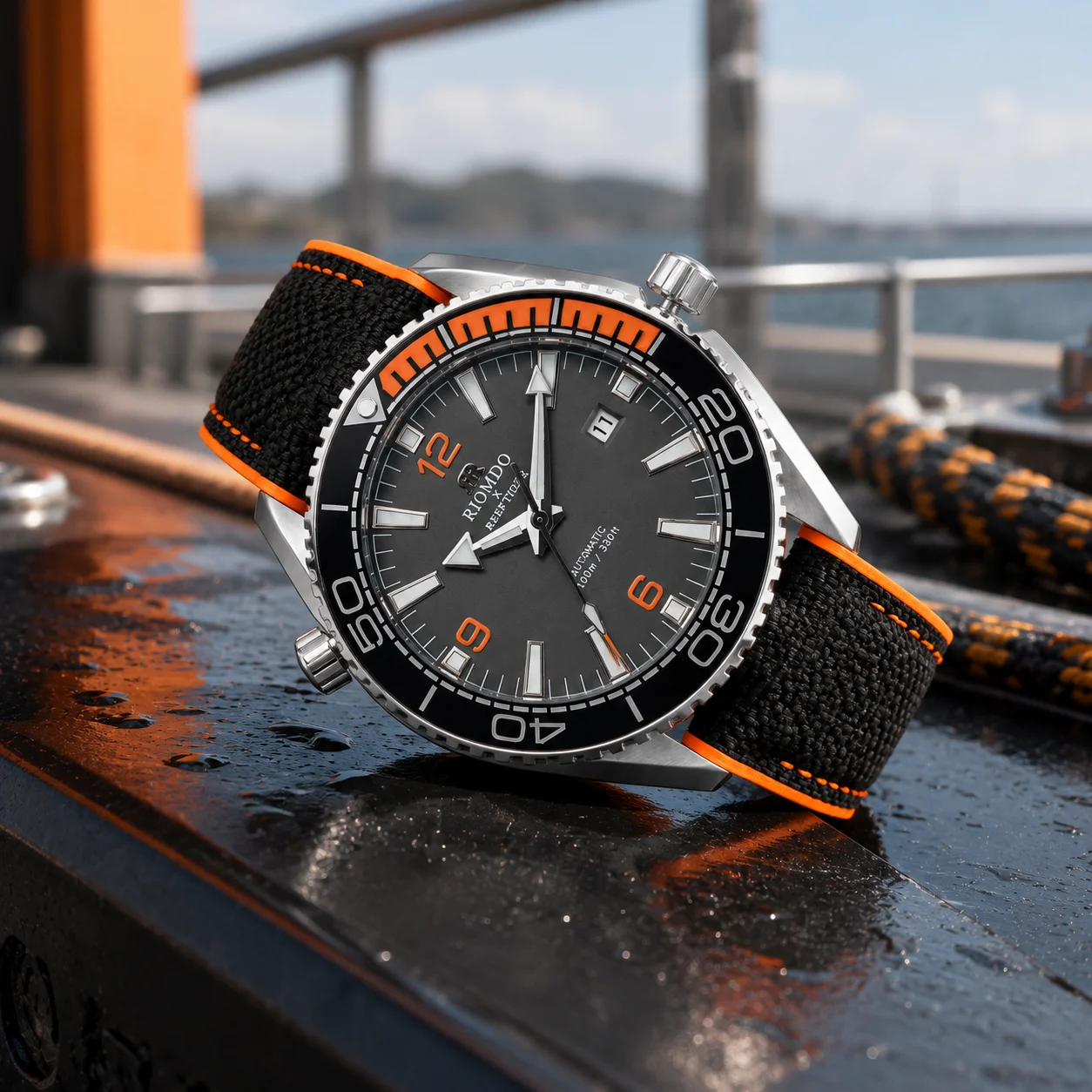 RIOMDO Men's Ocean Watch Automatic Mechanical Wristwatch RD-513 100m Waterproof Orange-Black Bezel Black Dial Open Caseback
