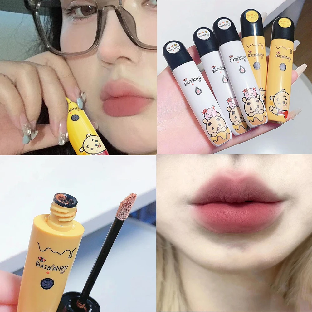 Cute Bear Jelly Mirror Water Lip Glaze Matte Velvet Lipstick Waterproof Long Lasting Non-Stick Cup Lip Gloss Korean Cosmetics