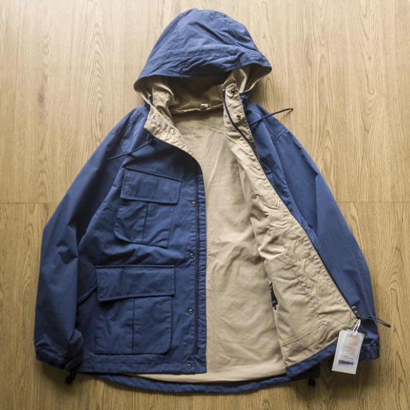 

Japanese Retro Multi Pocket Workwear Windbreaker Youth Solid Color Hooded Windproof Loose Casual Jacket