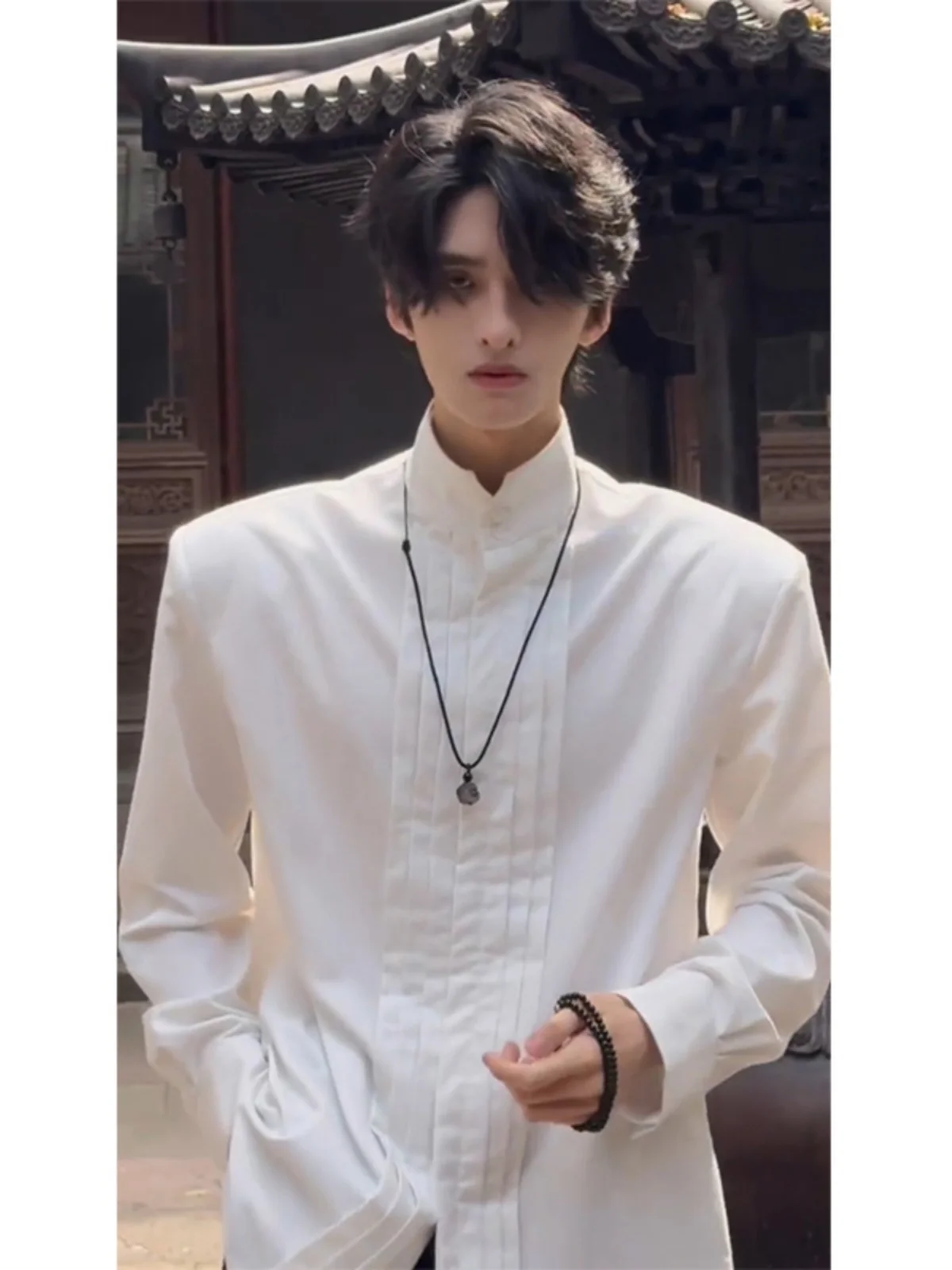 

New Chinese Sle Men's Long Sve White irt Stand Collar Padded oulder Design High-End Feeling Outerwear Trendy Coat