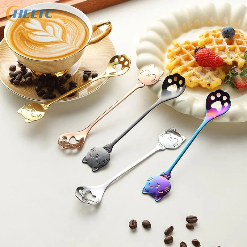 5PCS Set 304 Stainless Steel Cat Spoon Creative Cartoon Hanging Edge Spoon Cute Coffee Spoon Gold-plated Stirring Spoon