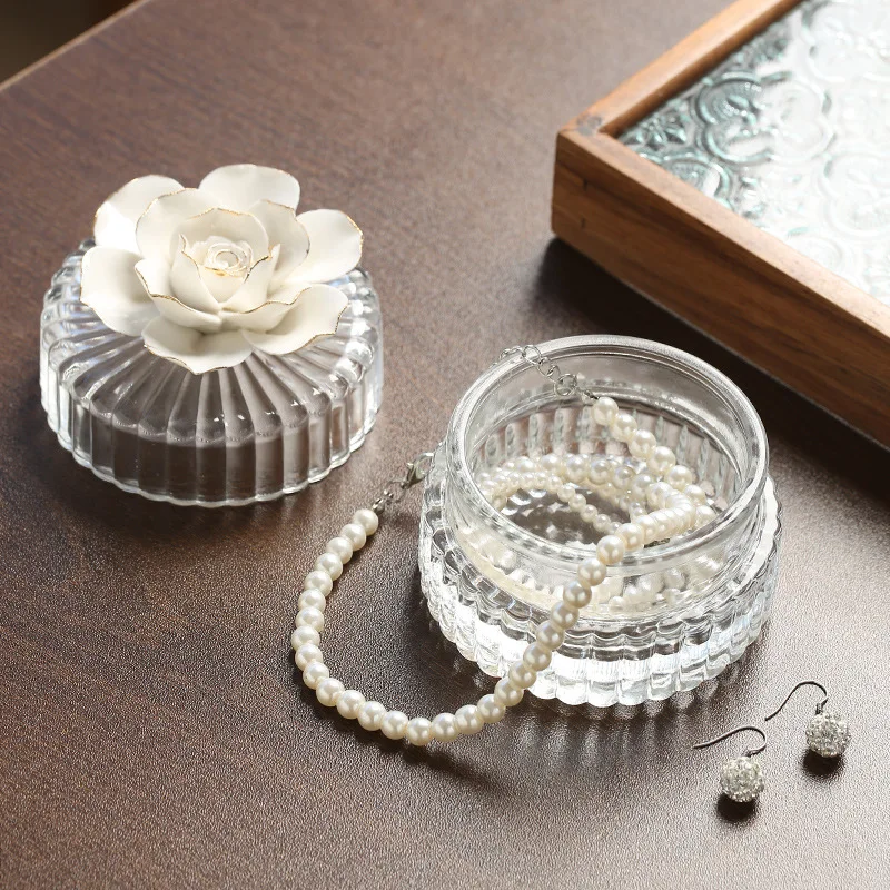 Nordic Ceramic Flower Glass Storage Box Exquisite Glass Storage Jar Home Storage Jar Creative Home Decoration Ornaments Gift
