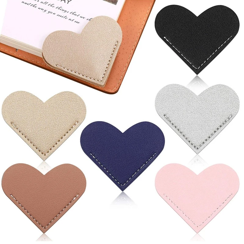 Pocket Heart-shaped Leather Bookmarker Page Divider Page Clip 2''x2.2'' Gifts Stationery for Students Teachers