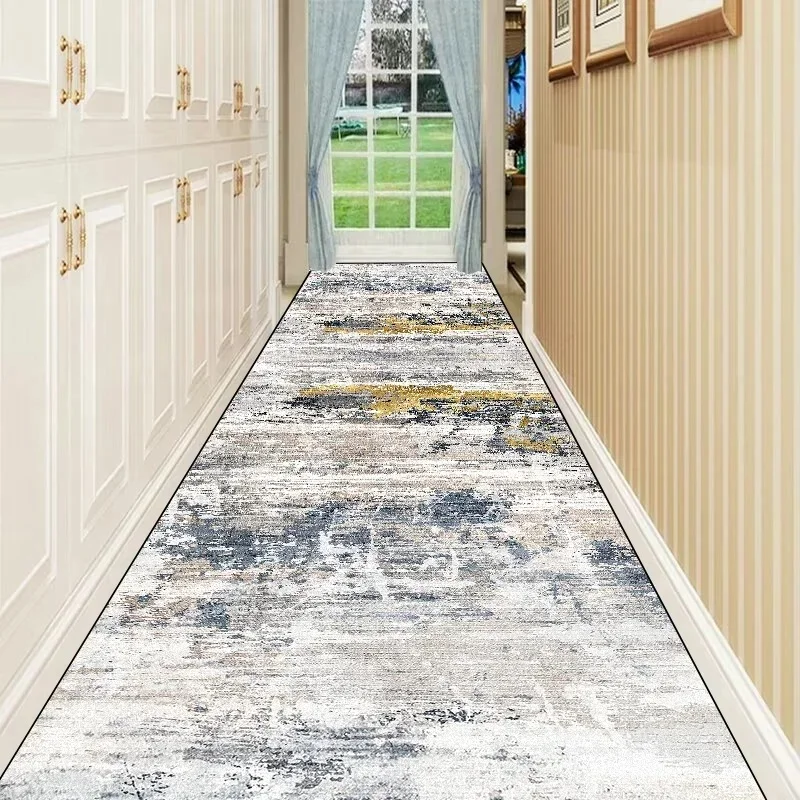 VIKAMA Abstract Gold Grey Hallway Runner Rug, Vintage Brush Texture Long Anti-slip Carpet for Corridor Entryway Decor