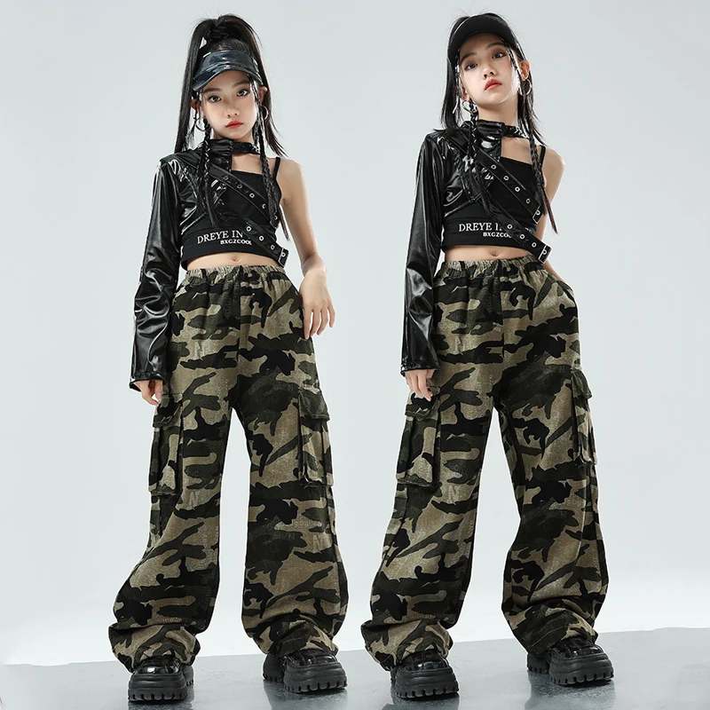 Children's Performance Kpop Outfit Enkele Leren Mouw Camouflagebroek Voor Meisjes Jazz Dans Kostuums Toneelkleding Sl10707