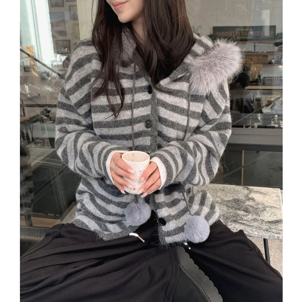 Abrigo de piel de punto para mujer con capucha a rayas corte holgado Otoño Invierno nueva ropa de abrigo Sle Faion cómoda Top largo Sve