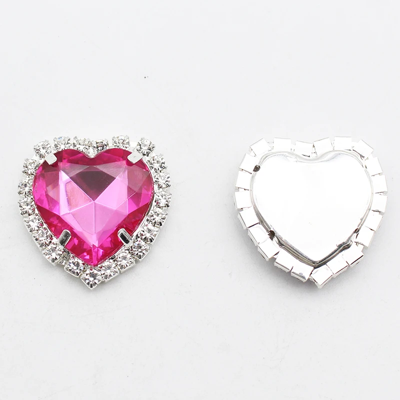 10pcs/Lot 31mm Silver Heart Shaped Acrylic Rhinestone Buckle For Costume Jewelry With Hole Sewing Accessories