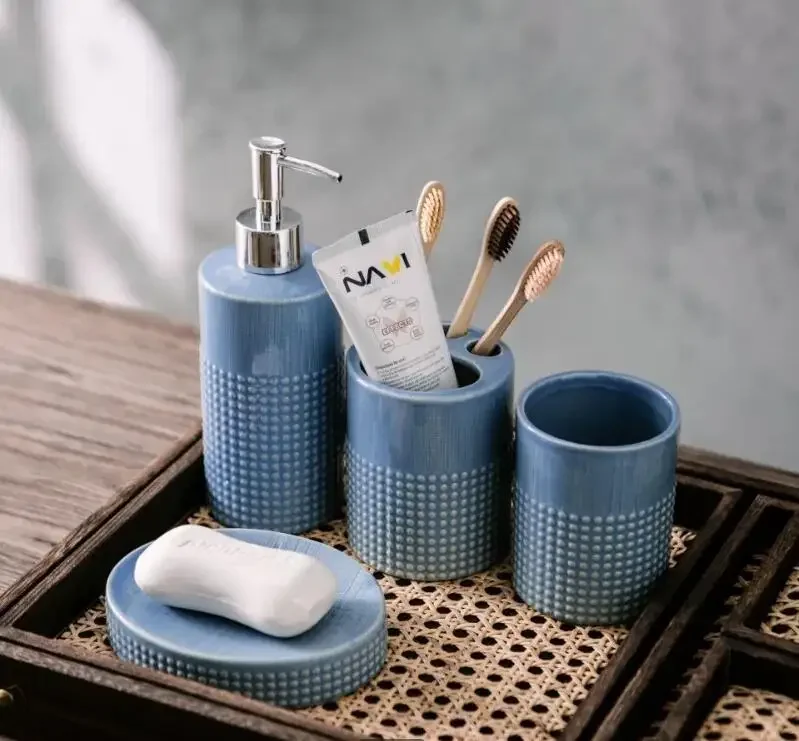 Blue Wash Kit Ceramic Soap Dispenser Dish Mouthwash Cup Set Hotel Hand Bottle Home Bathroom Accessories