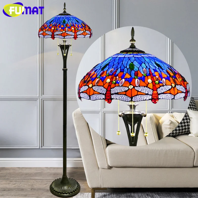 FUMAT Tiffany style stained glass yellow Dragonfly retro floor lamp for bedroom study cafe living room standing lamp LED decor