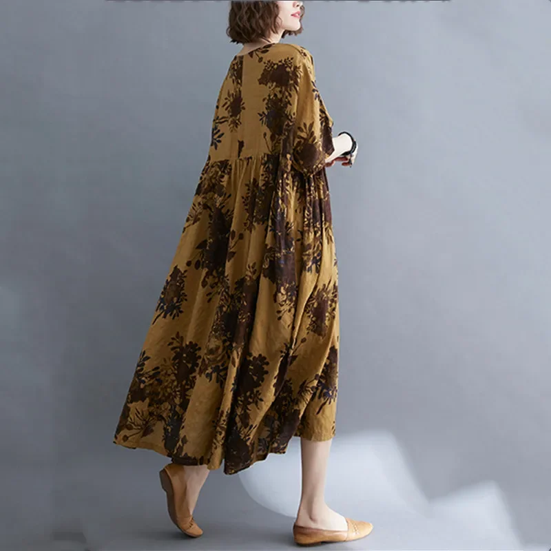 Manga corta de algodón de gran tamaño vintage floral nuevo en vestidos para mujeres casual suelto vestido largo de verano ropa elegante 2025