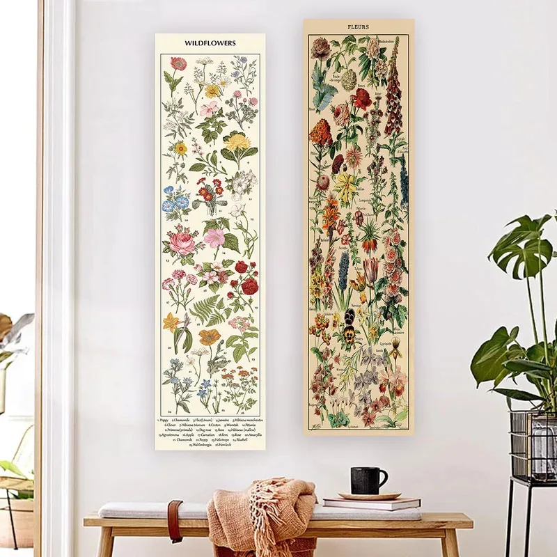 VIKAMA Vintage-Wandteppich mit Blumenmuster, elegantes Pflanzenmuster, langer Streifen-Wandteppich, Wanddekoration für Wohnzimmer und Eingangsbereich