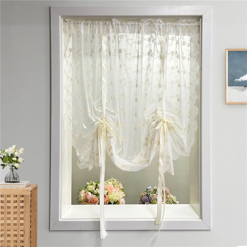 

Korean Pastoral Beige Embroidered Tie-up Lifting Curtain without Punching Easy Installed Roman Curtain For Kitchen Door Balcony