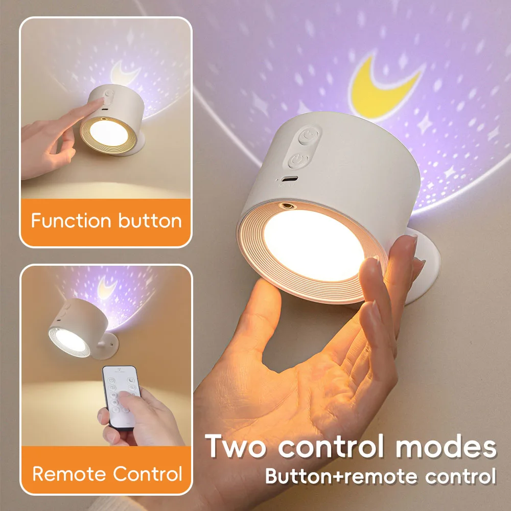 Lampe murale LED à commande tactile, télécommande, rotative à 360°, rechargeable par USB, projection RGB, veilleuse pour chevet, chambre à coucher, lampe de lecture