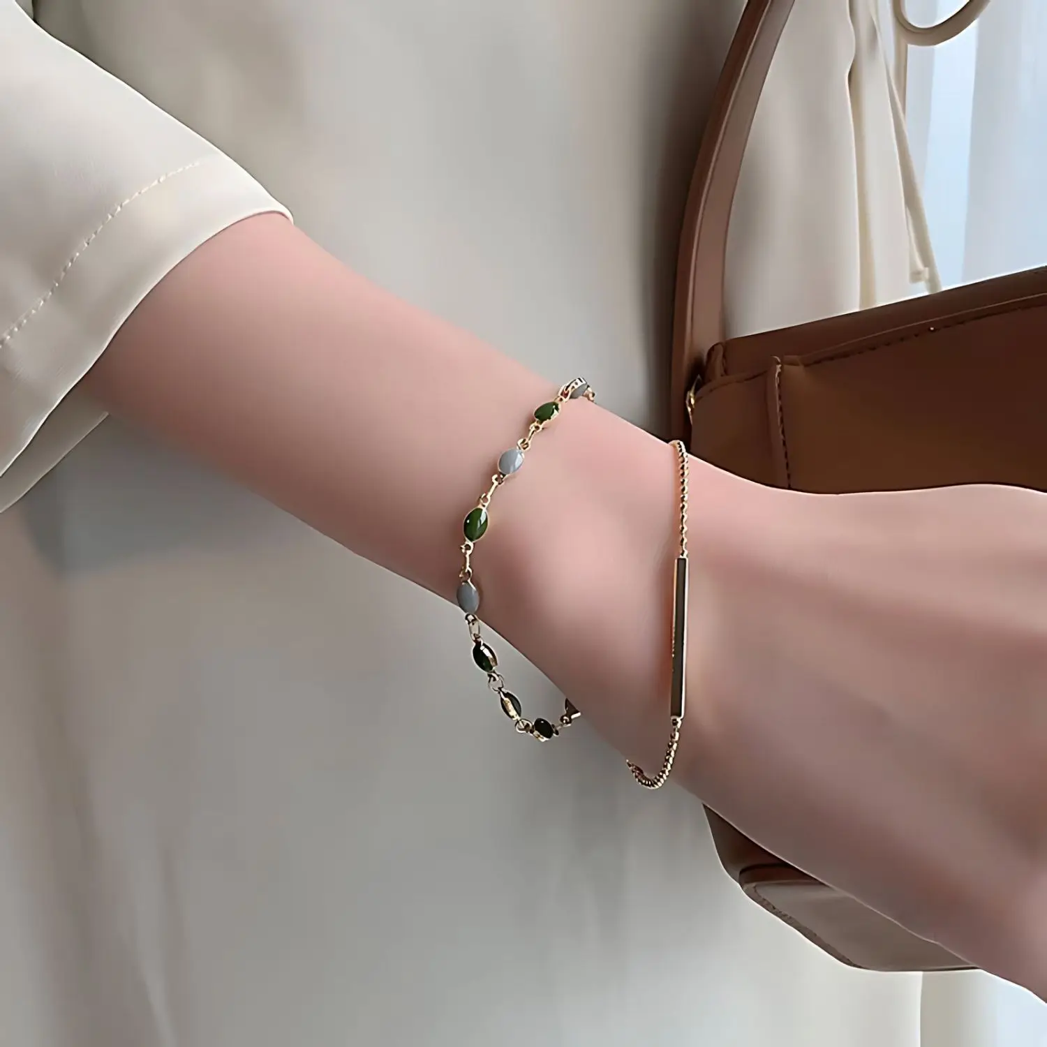 Vintage Zircon Bracelet for Women - Gold Color Beaded Chain, Double Layered Design, Adjustable Length - Elegant Accessory image 2