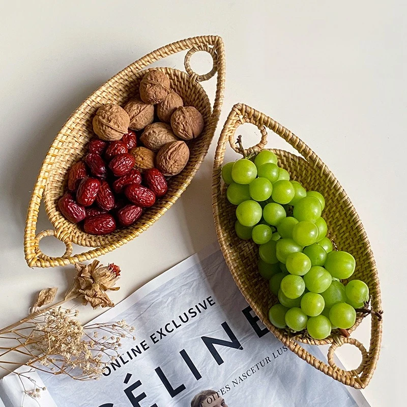 Cesta de mimbre tejida para aperitivos, Mini organizador de mesa de centro para frutas/nueces, decoración bohemia elegante para sala de estar, ratán Natural tejido a mano
