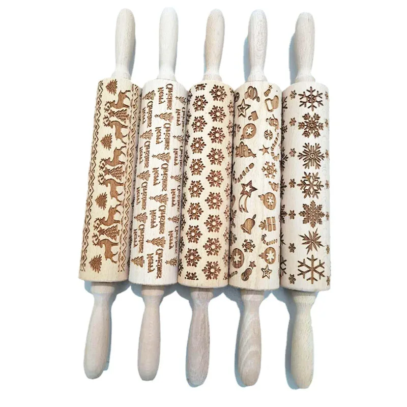 

Christmas Beech Wood Rolling Pin Christmas Tree Snowflake Santa Claus Reindeer Embossed Rolling Dough Wooden Cookie Pin