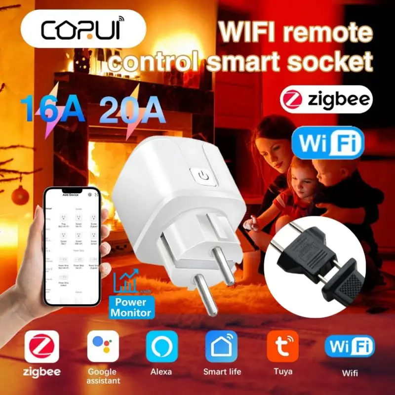 CORUI Tuya WiFi Smart Socket 16A 20A EU Wireless Plug Timer With Power Monitor Alexa Home Voice Control Adapter