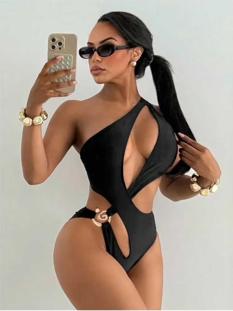 

Женский купальник-бикини, цельный, однотонный, с вырезами, сексуальный, без спинки, пляжная одежда, простой стиль, элегантный