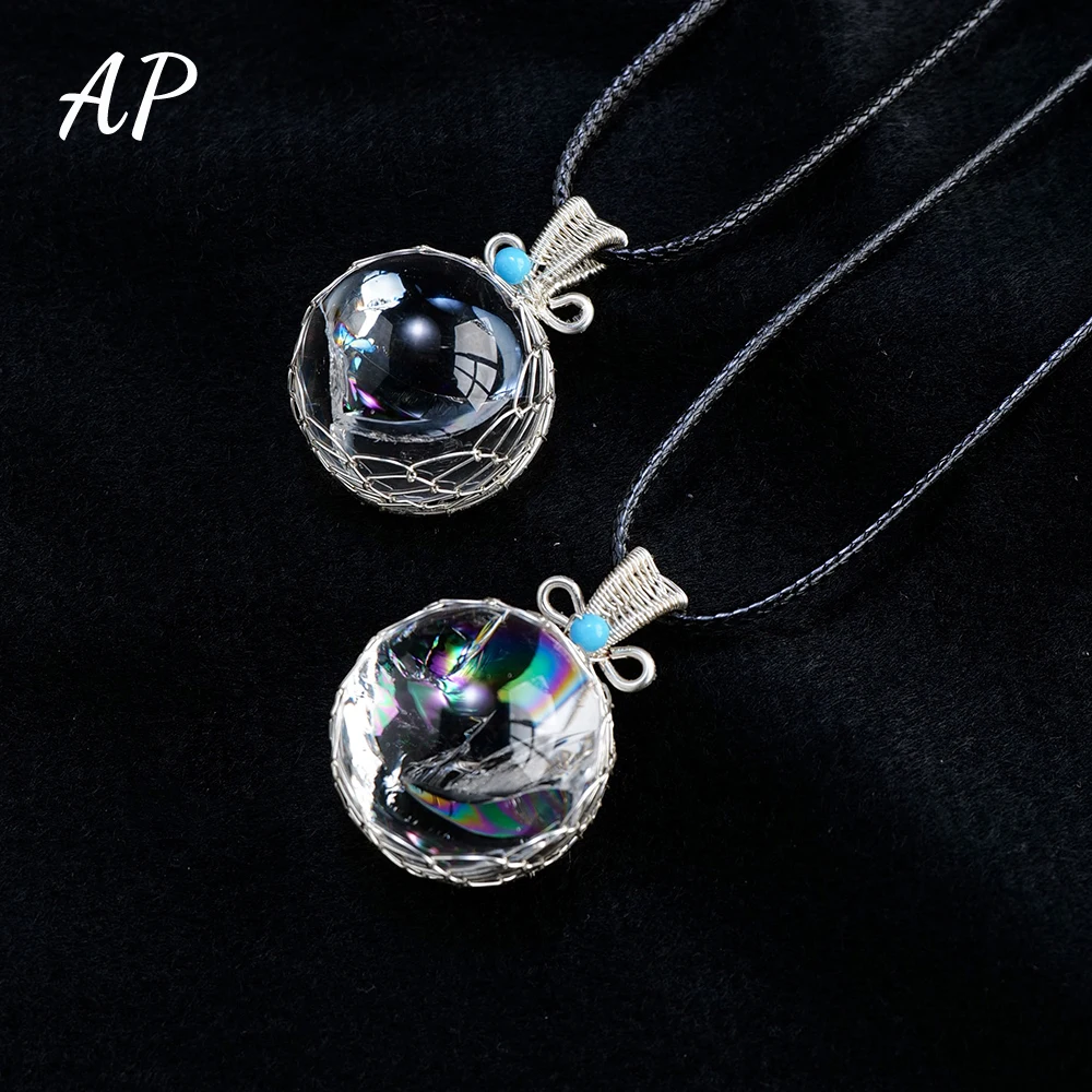 Natural Stone Clear Quartz Aura Ball With Silver Mesh Bag Crystal Pendant Quartz Mineral Jewelry Healing Stone Women Jewelry