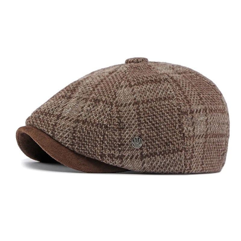 Men Tweed Newsboy Cap Vintage Plaid Ivy Flat Cap Autumn Winter Thick Warm Beret Cabbie Hat Suede Brim Peaky Blinders Baker Boy - view 3