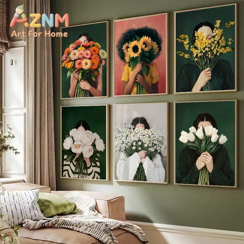 Minimalism Abstract Woman with Flower Poster Woman Portrait Wall Art Painting Canvas Print for Bedroom Nordic Girl Home Decor