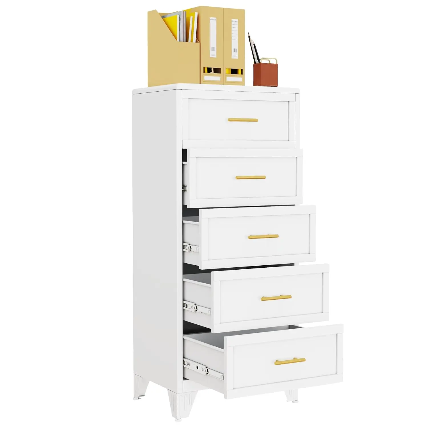 5-Drawer Arched Metal File Cabinet Printer Stand Office Storage Organizer Home Office Use Narrow White, Customized