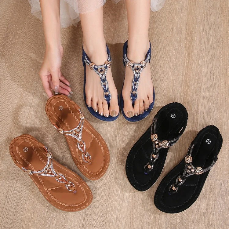 

New fashionable rhinestone sandals, round-headed Korean style, flat-heeled, hollow-out Bohemian style, comfortable women's shoes