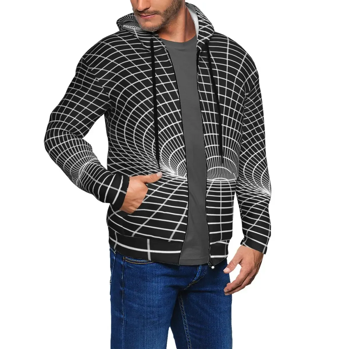 Grid Wormhole Geometric 3D Vortex Illusion Zipper Hoodie Harajuku Pullover Autumn Winter  Sweatshirt Long Sleeve Tops