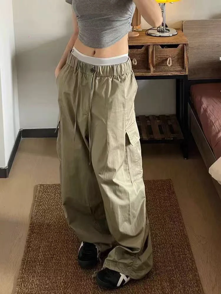 Y2K Streetwear Cargo Pants for Women American Multiple Pockets Loose Wide Leg Pants Bf Hip Hop All Match Straight Trousers
