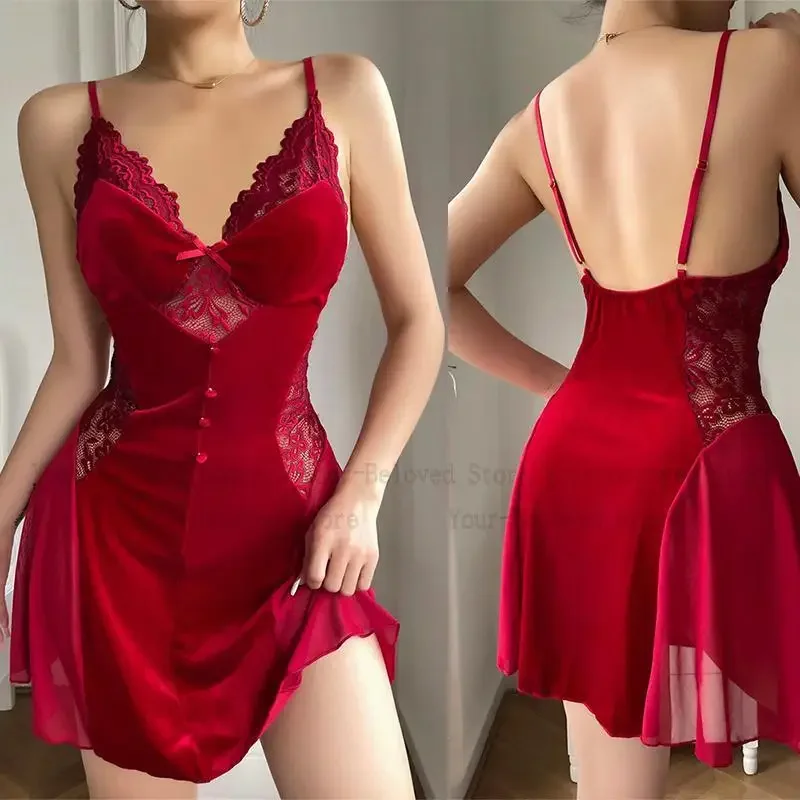 

Теплая зимняя одежда для сна, ночное белье для женщин, сексуальная кружевная лоскутная ночная рубашка, велюровая ночная рубашка на тонких бретельках, женское нижнее белье