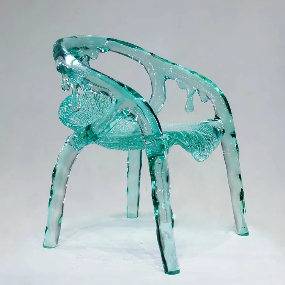 *Artistic Water Drop Texture Accent Chair Maple Leaf Base & Embedded Resin Leaves for Living Room