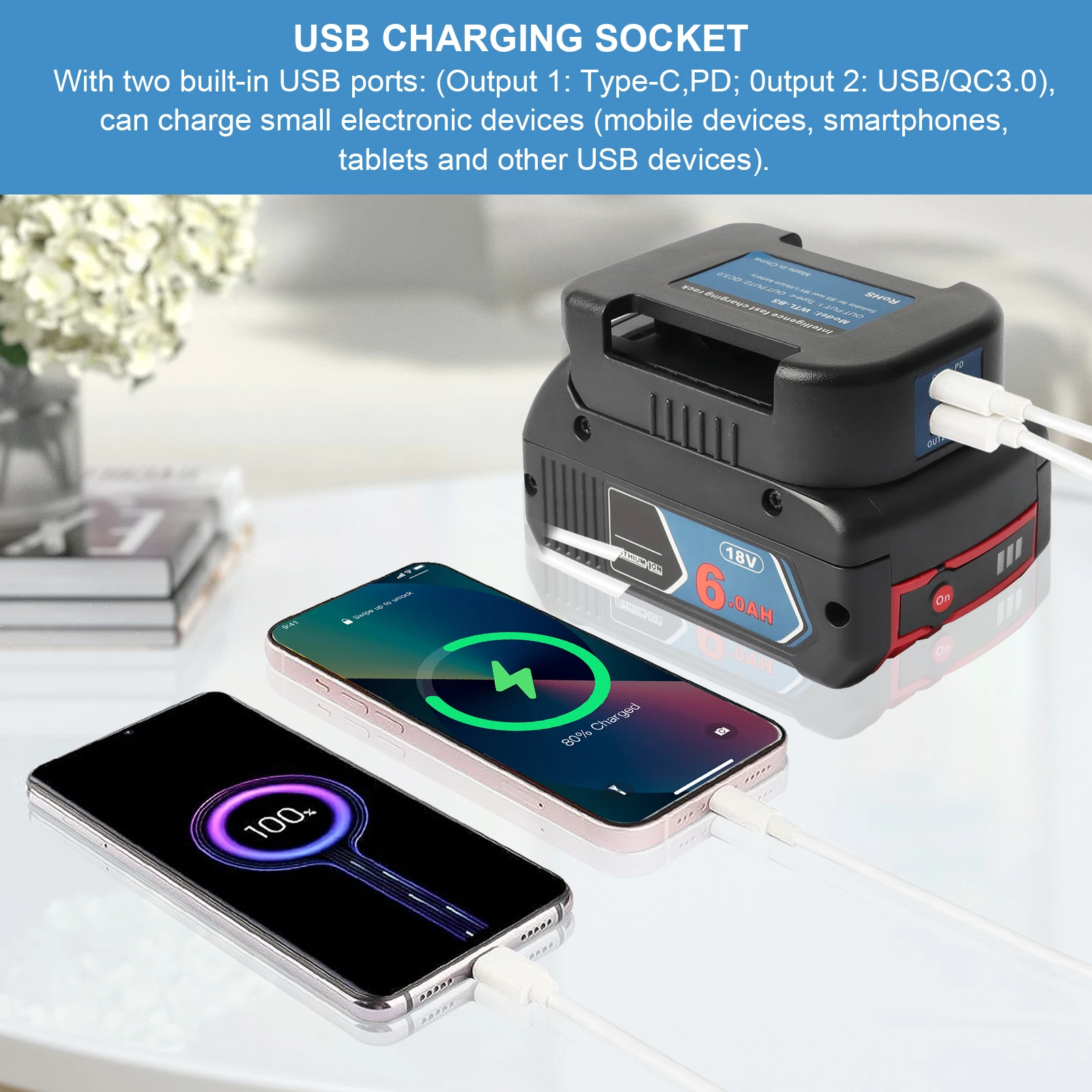 Support de chargeur rapide pour batterie Bosch 18V, PD USB C