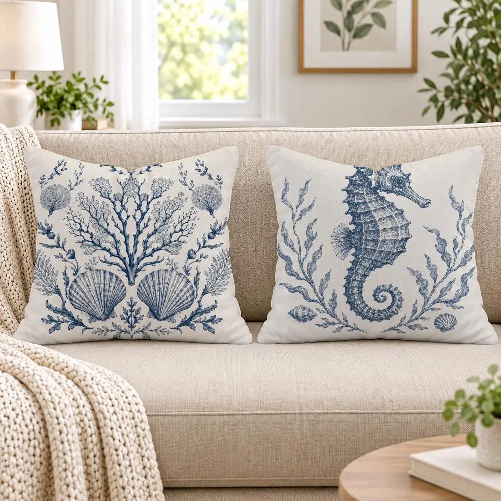 Coastal Blue Ocean Wave Pattern Cushion Cover Soft Short Plush Pillow Cases Hidden Zipper Cutecore Sofa Bedroom Home Decor Gift