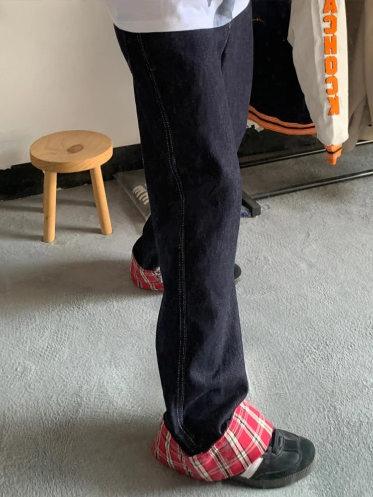 

Мужские джинсы American Sle в клетку с отворотами, прямого кроя, с высокой талией, длинные брюки, молодежные, модные, износостойкие, из микроэластичного денима