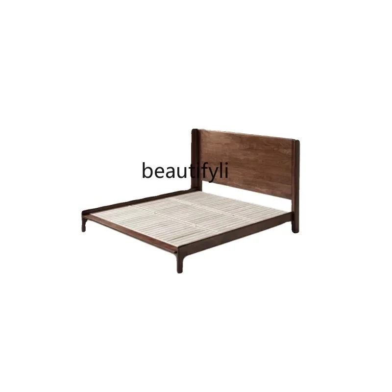 NordicSolid Wood Bed Modern Minimalist North American Black Walnut Wooden Bed Double Bed Storage Furniture Flying Master Bedroom