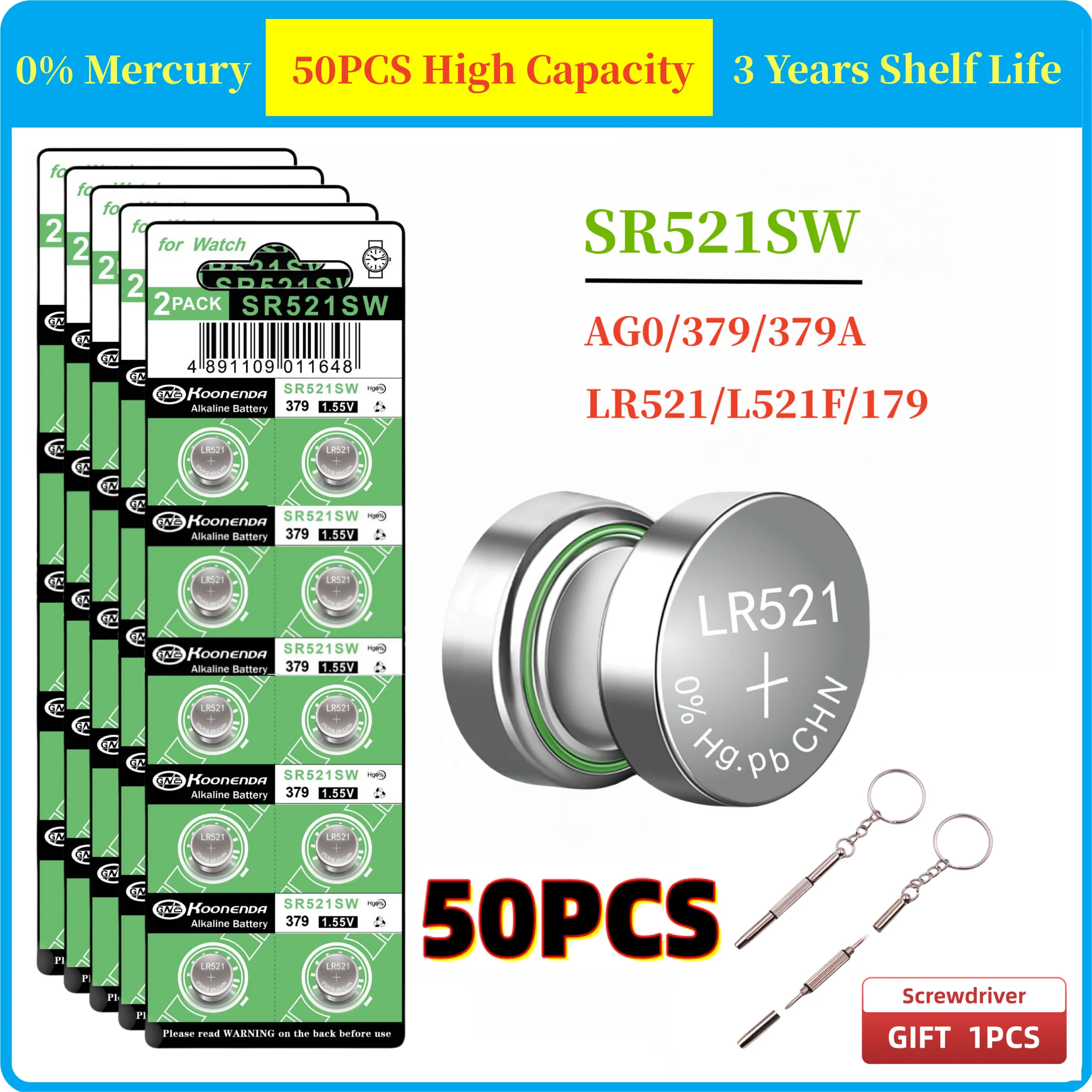 Pilas alcalinas para linternas, juguetes electrónicos, relojes, 2-50 piezas, SR521SW, AG0, LR63, SR521, SR521S, 379, 1,5 v