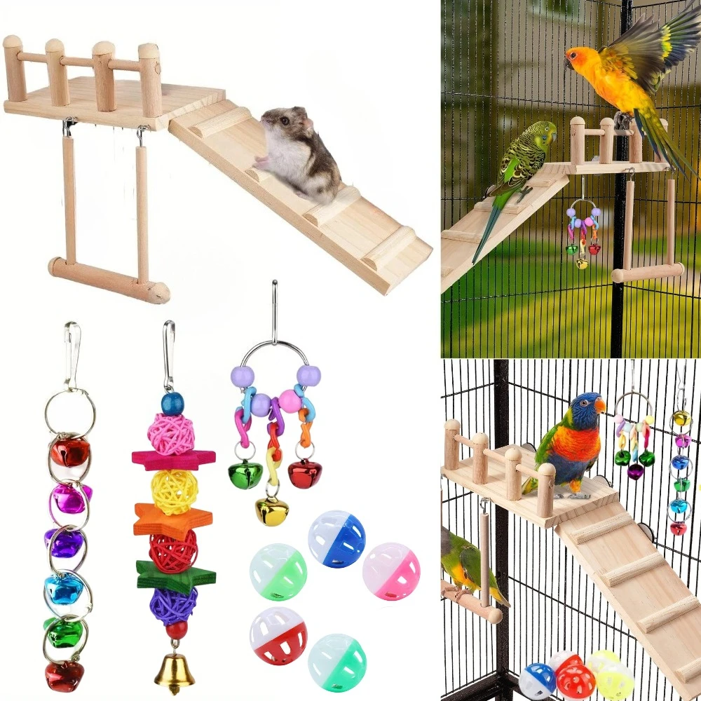 

9 PCS Bird Perches Cage Toys Parrot Wooden Platform Gyms Exercise Stands with Wood Swing Ferris Wheel Chewing for Animals Green Cheeks, Baby Lovebird, Chinchilla, Hamster Budgie, Sufficient Quantity
