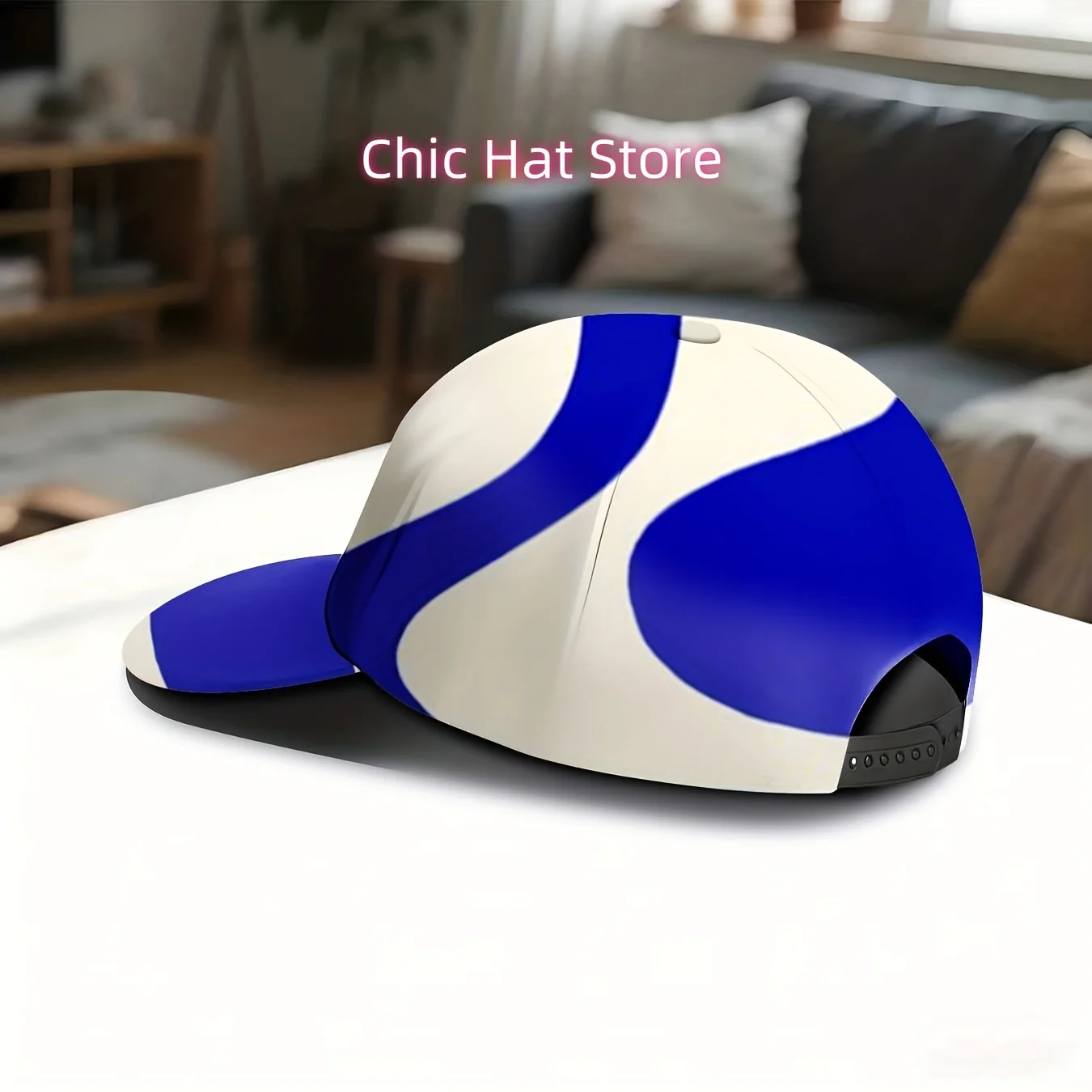 Blue-and-white Abstract Wave-printed Baseball Cap, Trendy Art Pattern Hat, Street Fashion Cap, Adjustable for Men And Women, Sui