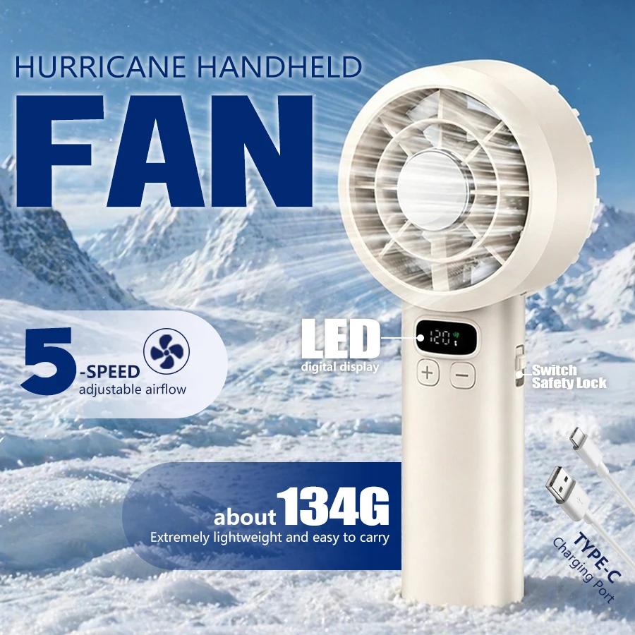 5 Speeds Handheld Fan, LED Display, Rechargeable, Portable, Quiet Powerful, 2-in-1 Handheld & Desktop USB Fan for Travel Office