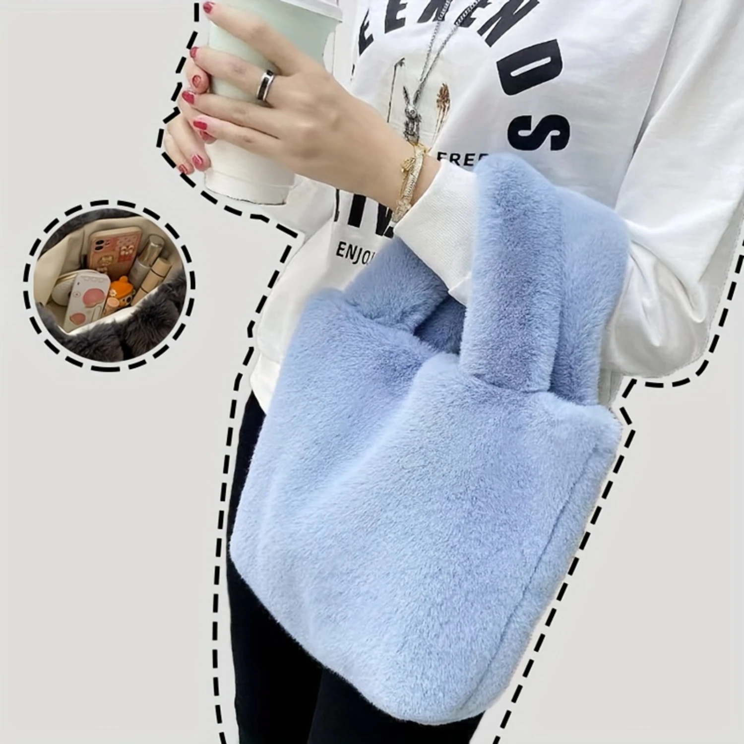 

Handbag, Y2K Faux Bucket Bag, Cute Fluffy Tote Bag For Women