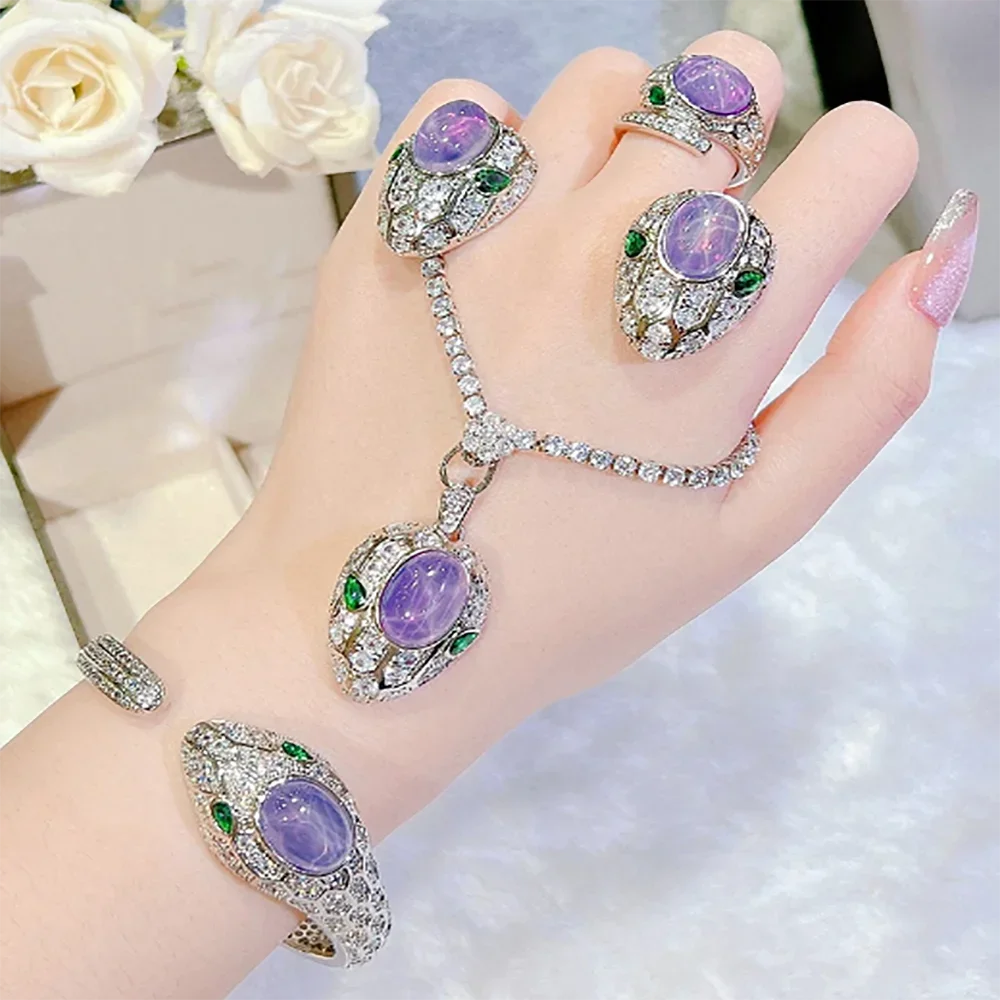 Luxury Silver Color Amethyst Jewelry Set for Women Purple Starlight Stone Snake Pendant Necklace Stud Earrings Ring Bracelet