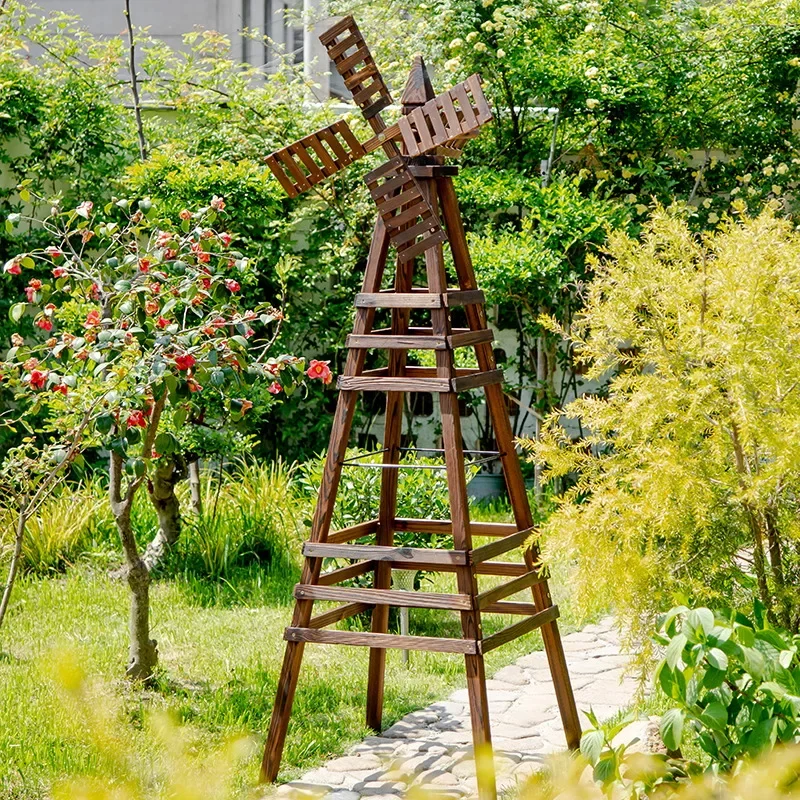 Balcony garden is decorated with solid wood flower stand,rose climbing vine stand and flowerpot stand.